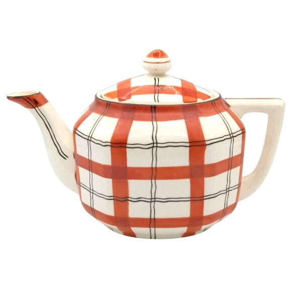 Red Plaid Teapot Vintage Takito Company Japan Hand Painted Crazed 9 Inch Serving - Picture 1 of 16